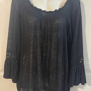 INC International Concepts Sheer Black Blouse with Crochet Details